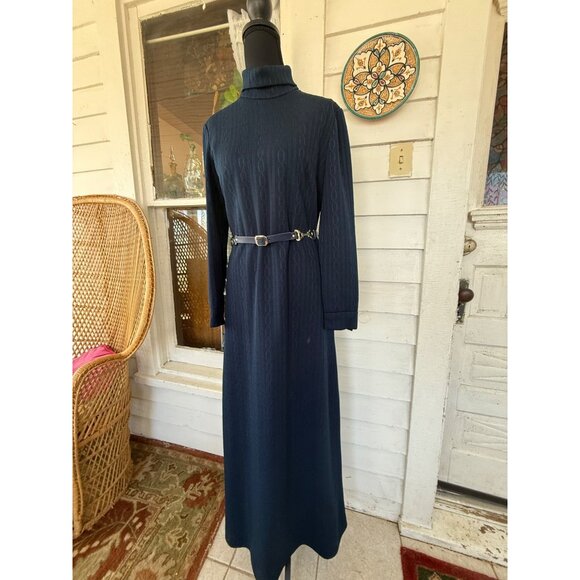 Vintage 70's Navy Blue LeRok Korell Knit Maxi Dress With Belt Sz M - Picture 16 of 16